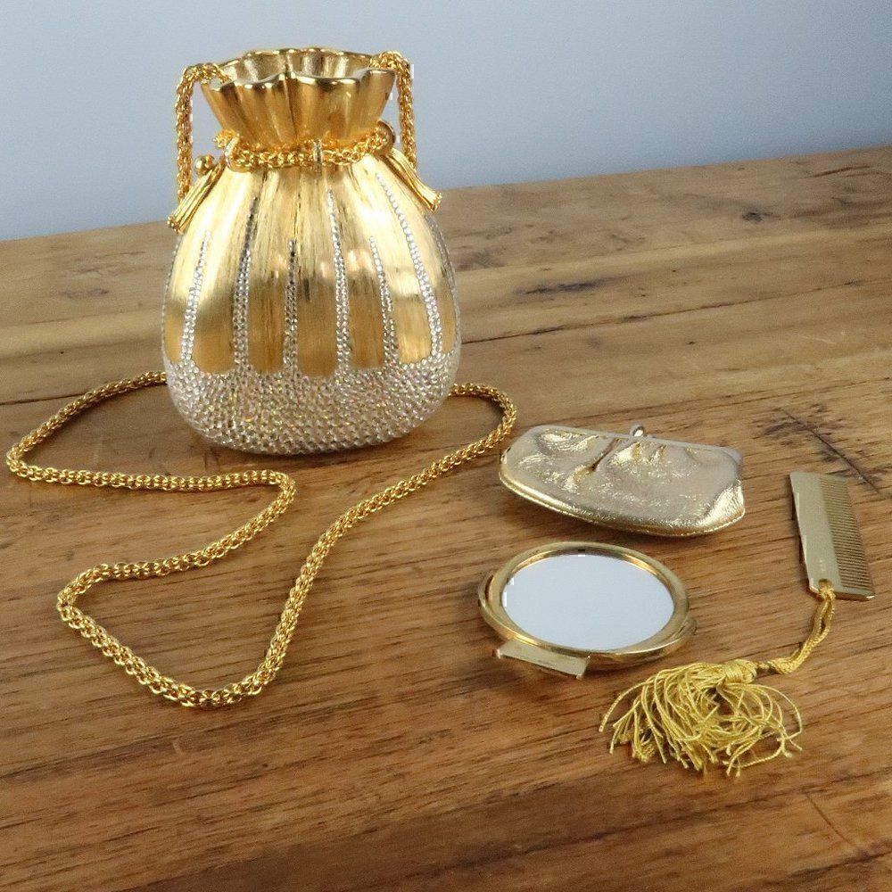 RARE JUDITH LEIBER VINTAGE GOLD WITH CRYSTALS EVENING BAG WITH ACCESSORIES